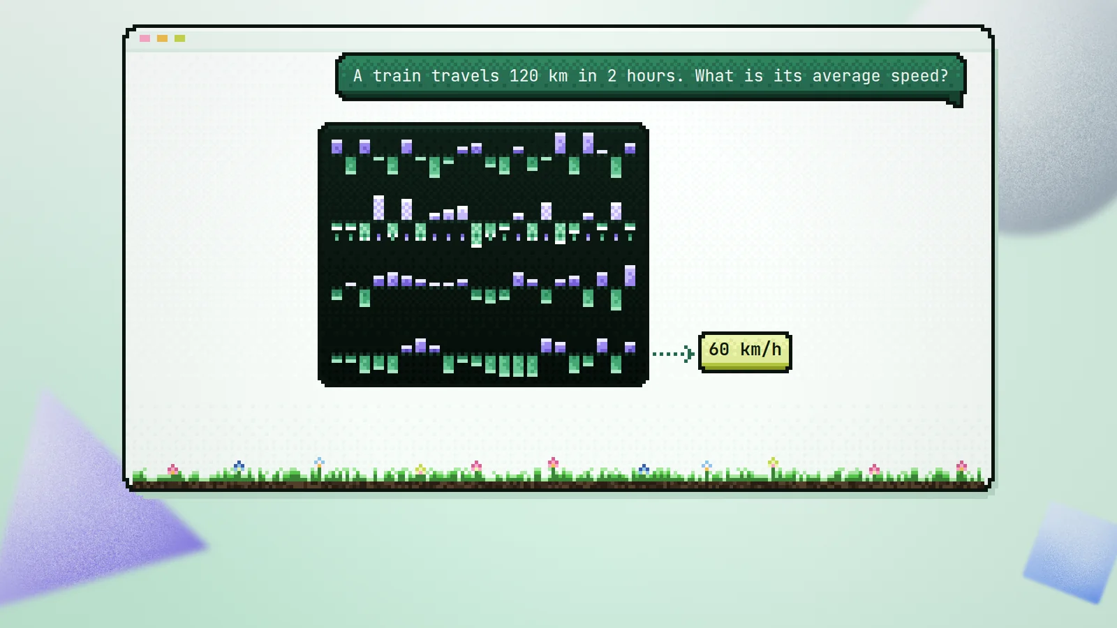 A frame from the video: a pixel-art chat window illustrating how a question about a train's average speed could be answered through a panel of vector bars, giving 60 km/h.